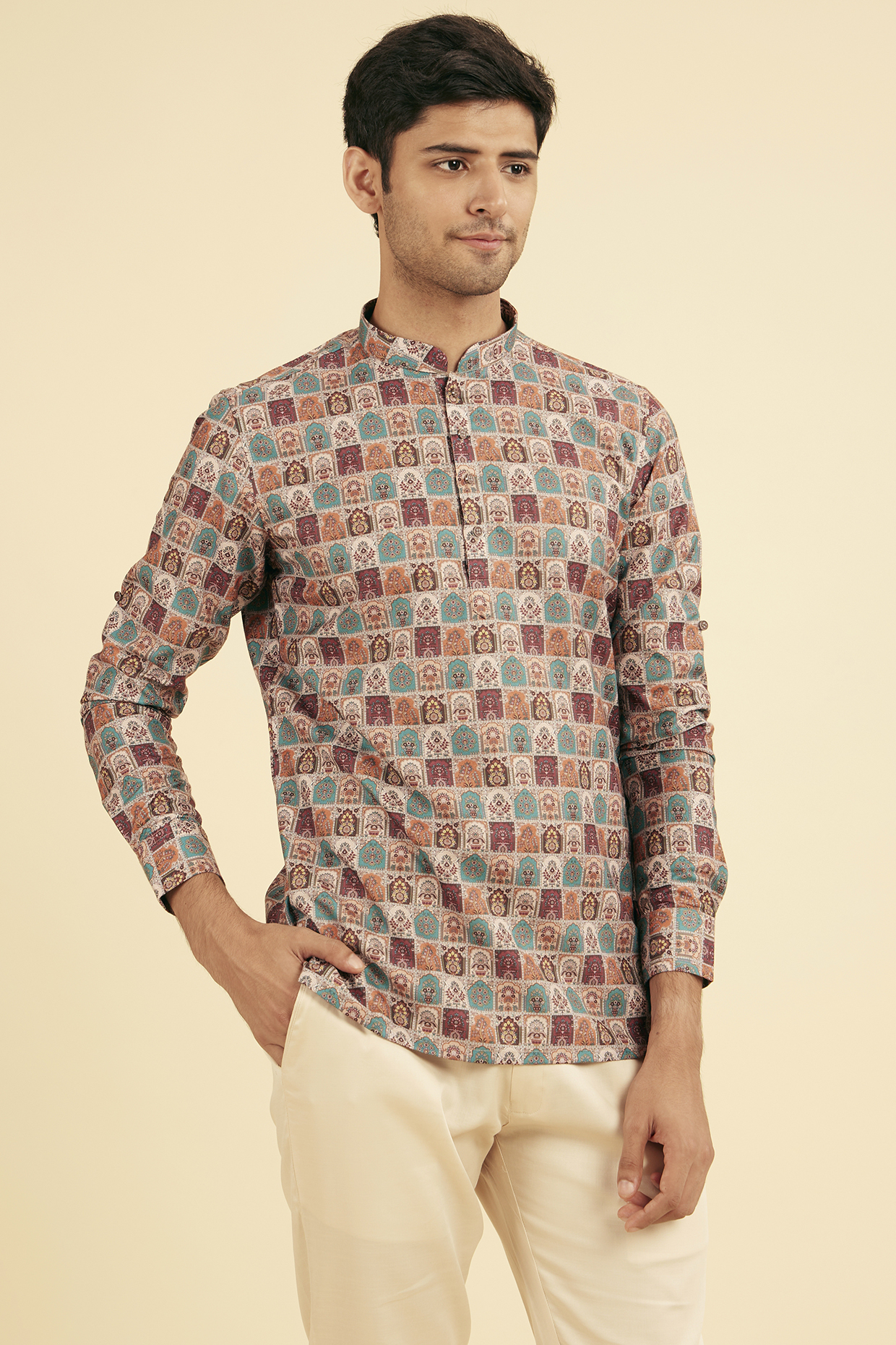Beige Cotton Blend Printed Short Kurta by Manyavar