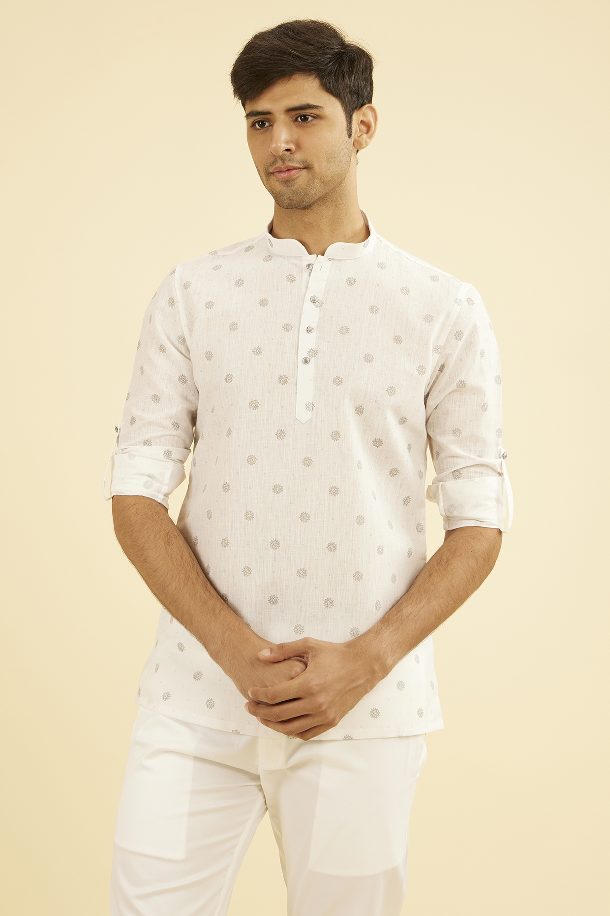 White Cotton Blend Printed Short Kurta by Manyavar
