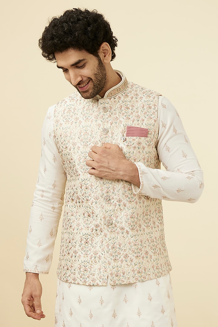 Cream Art Silk Floral Printed Bundi Jacket by Manyavar at Pernia's Pop Up Shop