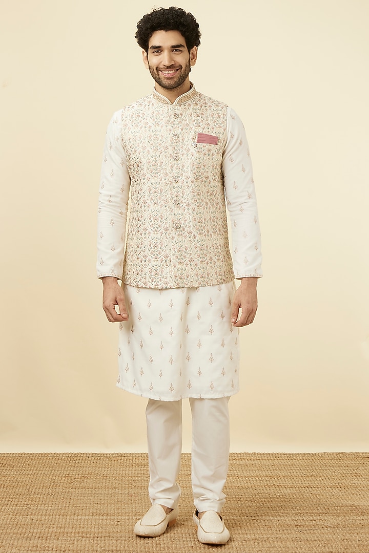 Cream Art Silk Floral Printed Bundi Jacket by Manyavar at Pernia's Pop Up Shop