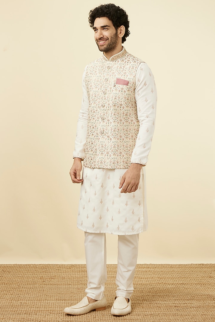 Cream Art Silk Floral Printed Bundi Jacket by Manyavar at Pernia's Pop Up Shop