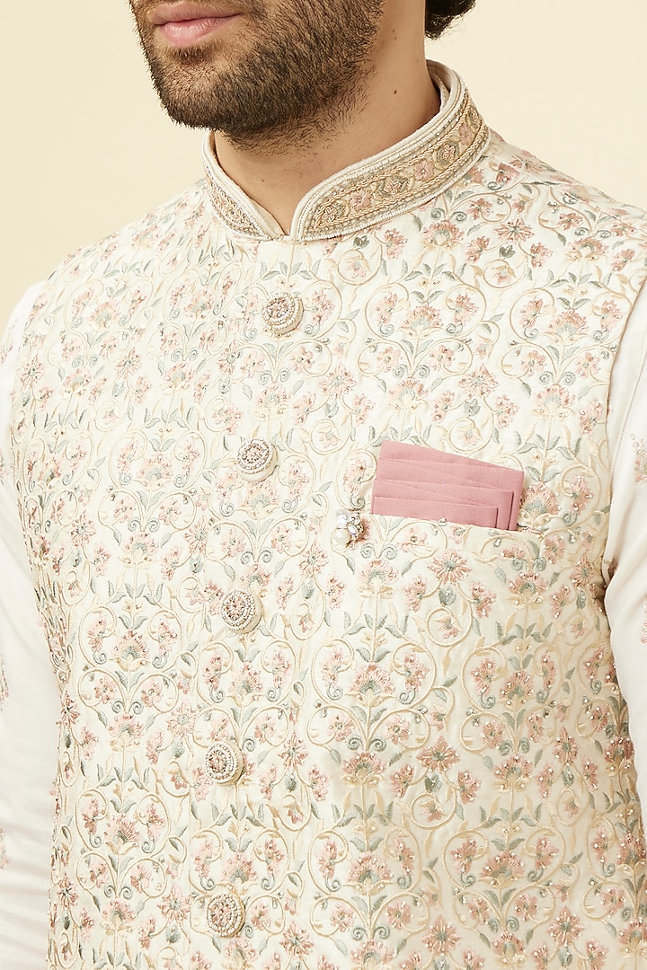 Cream Art Silk Floral Printed Bundi Jacket by Manyavar at Pernia's Pop Up Shop