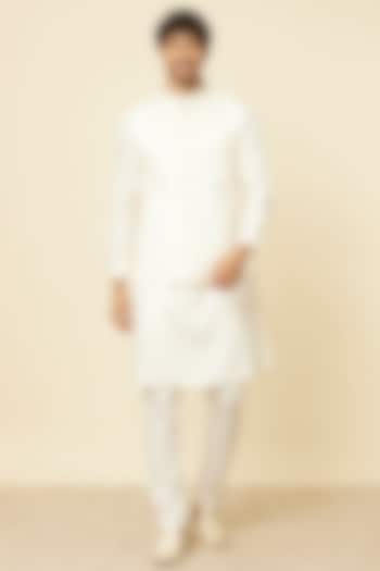 Warm White Brocade Bundi Jacket by Manyavar