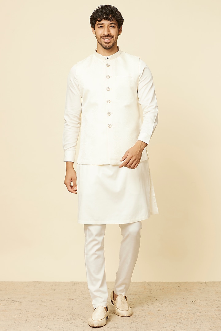 Warm White Brocade Bundi Jacket by Manyavar