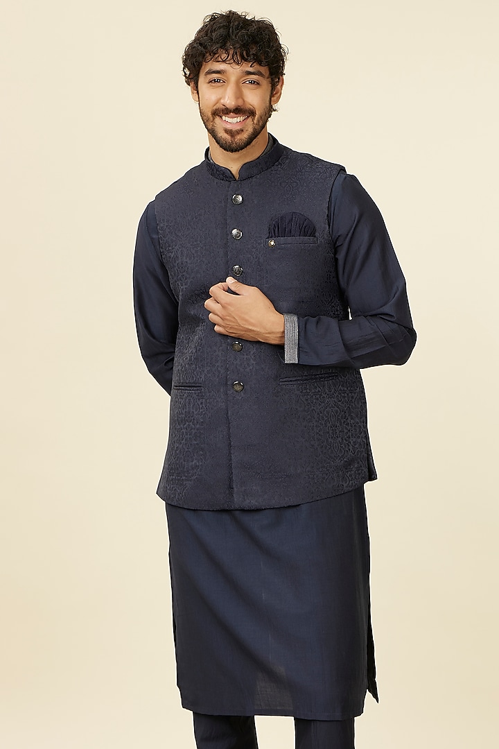 Dark Blue Brocade Jacquard Textured Bundi Jacket by Manyavar