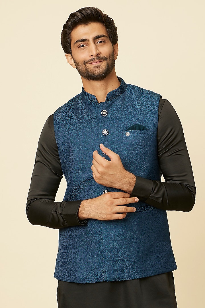 Blue Brocade Bundi Jacket by Manyavar