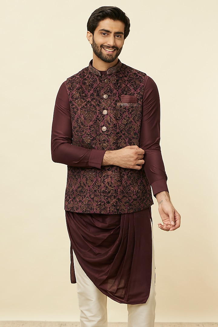 Wine Brocade Bundi Jacket by Manyavar