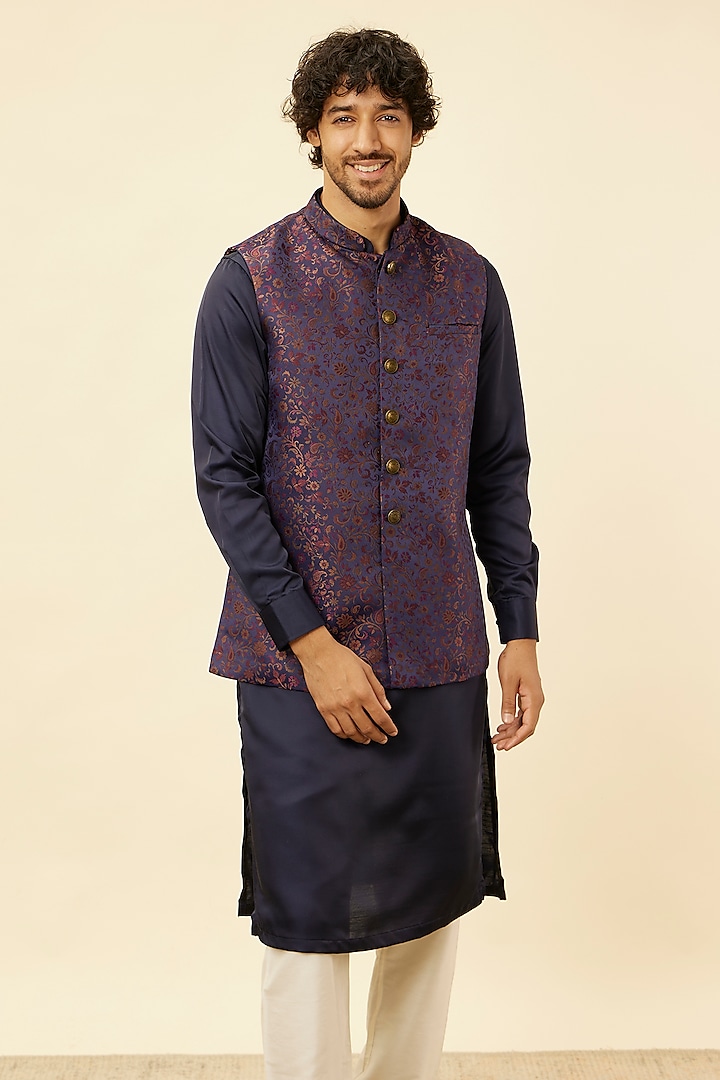 Blue Brocade Bundi Jacket by Manyavar