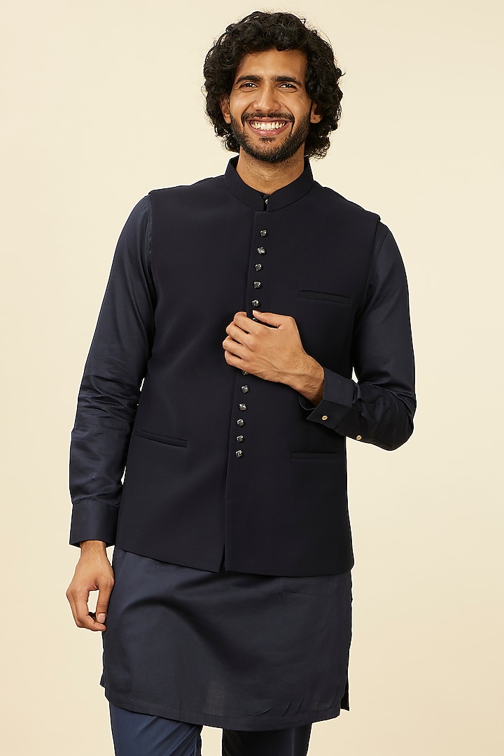 Dark Blue Blended Rayon Bundi Jacket by Manyavar