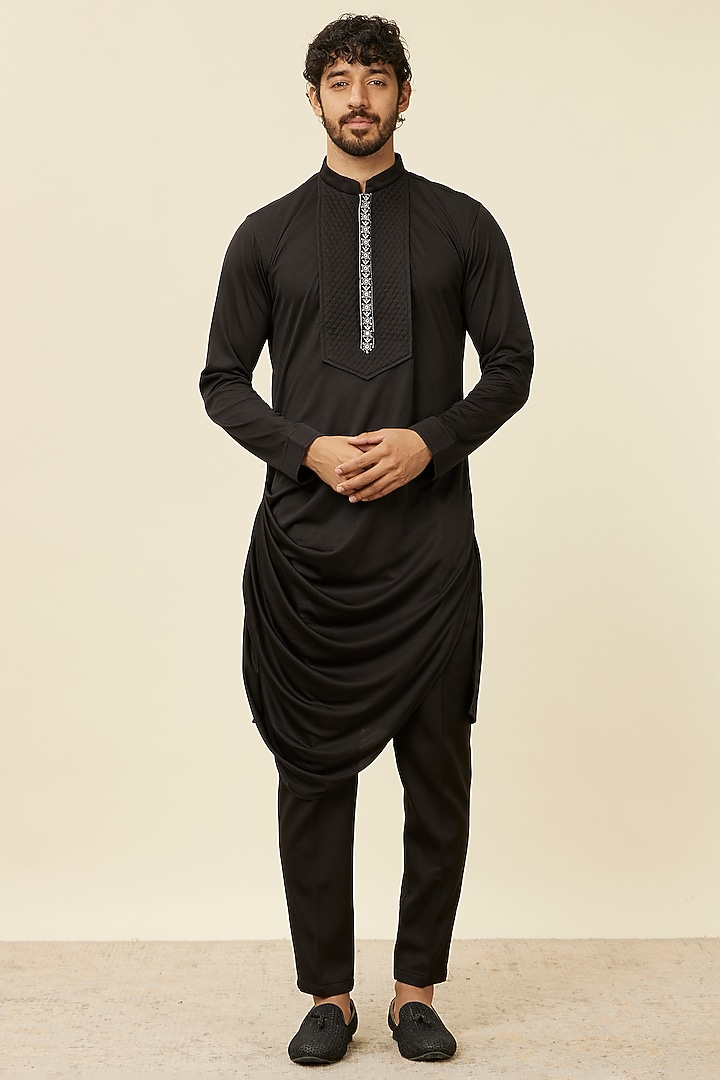 Black Velvet Sequins Embroidered Wedding Indowestern Set by Manyavar at Pernia's Pop Up Shop