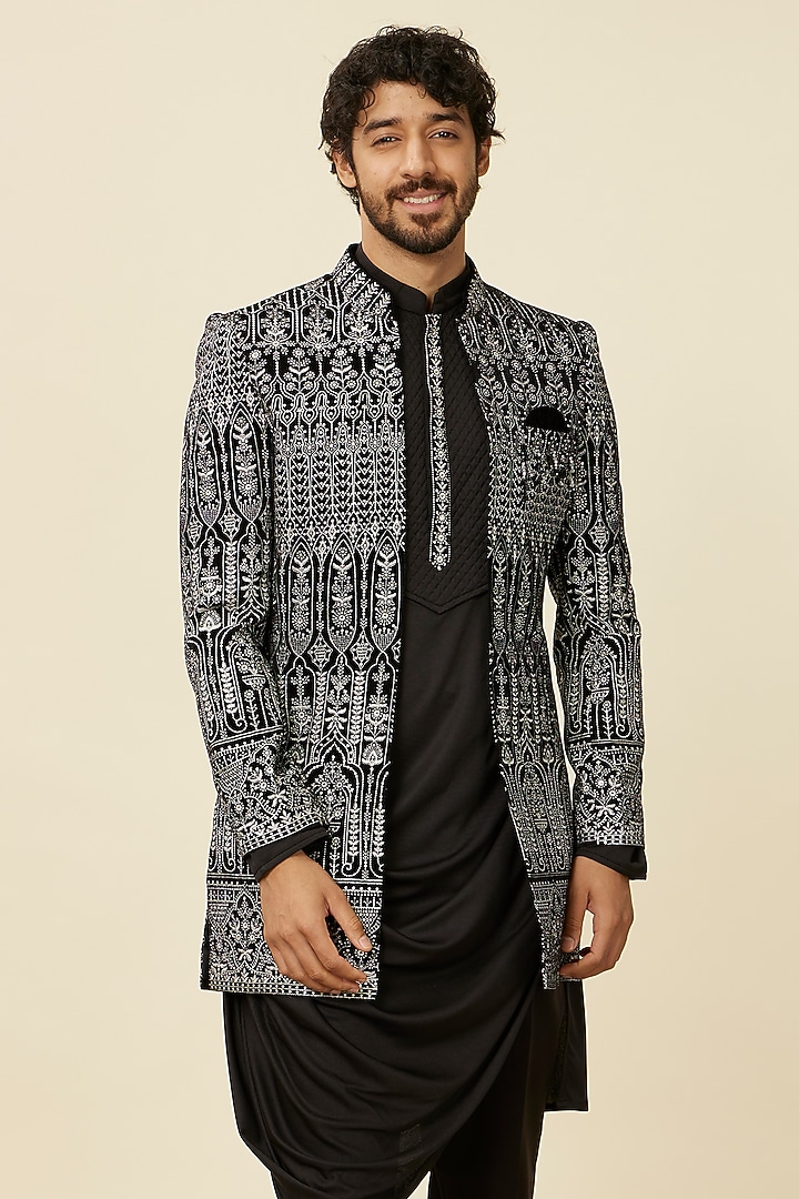 Black Velvet Sequins Embroidered Wedding Indowestern Set by Manyavar at Pernia's Pop Up Shop