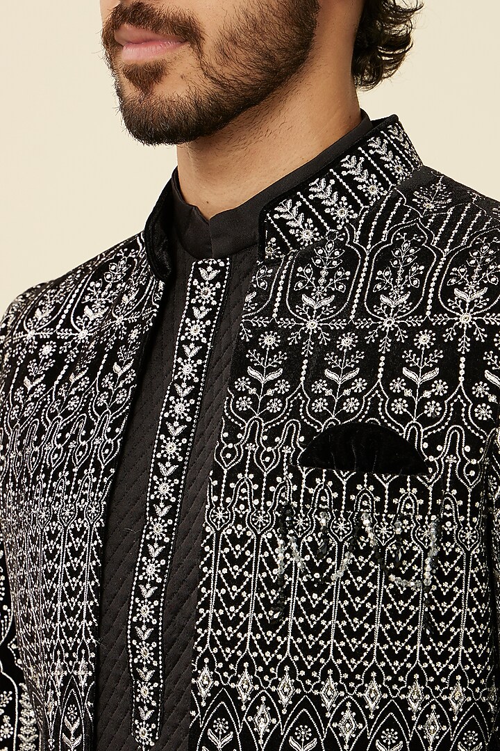 Black Velvet Sequins Embroidered Wedding Indowestern Set by Manyavar at Pernia's Pop Up Shop