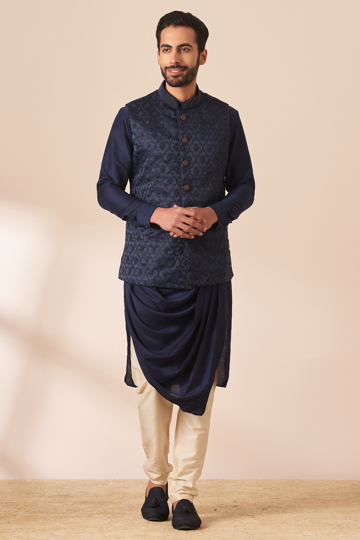 Dark Blue Blended Rayon Embroidered Bundi Jacket Set by Manyavar