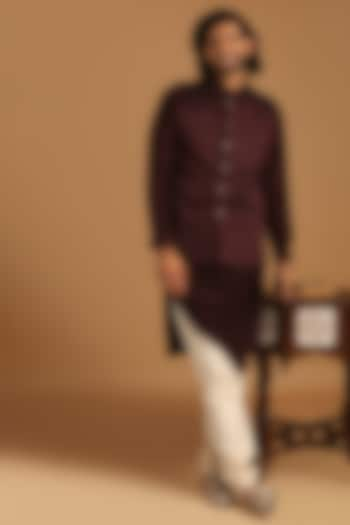 Wine Blended Rayon Self-Design Bundi Jacket Set by Manyavar