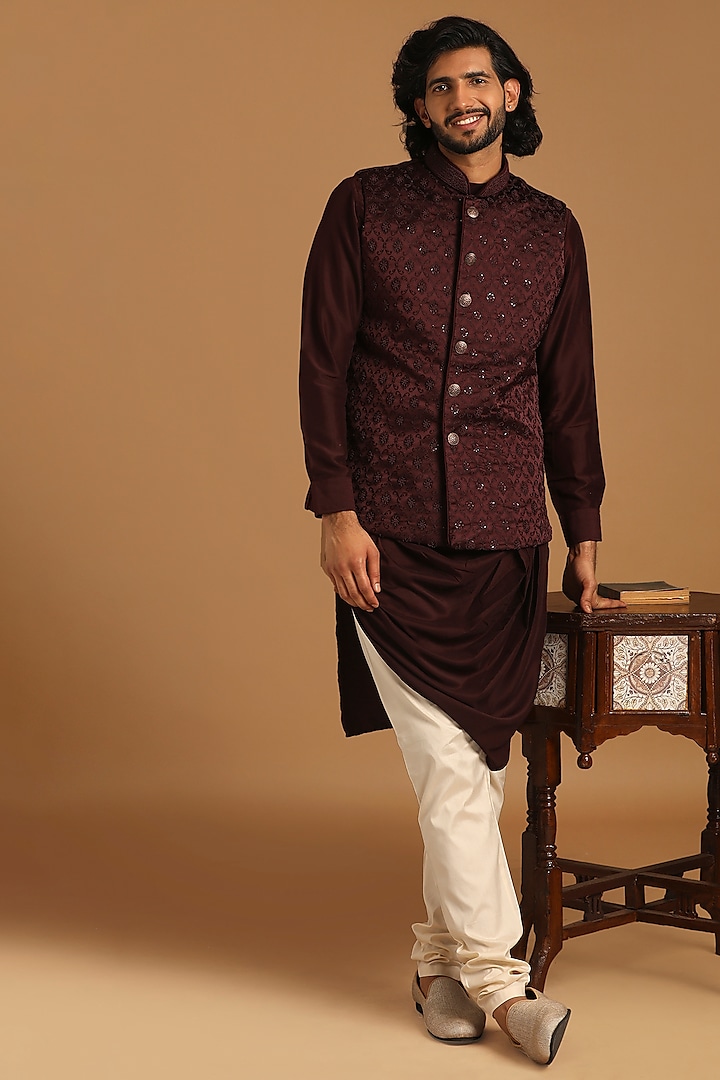 Wine Blended Rayon Self-Design Bundi Jacket Set by Manyavar