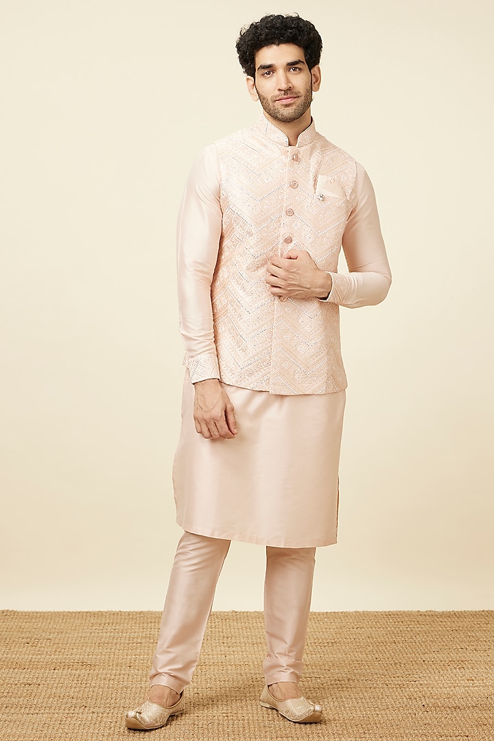 Peach Art Silk & Blended Viscose Bundi Jacket Set by Manyavar