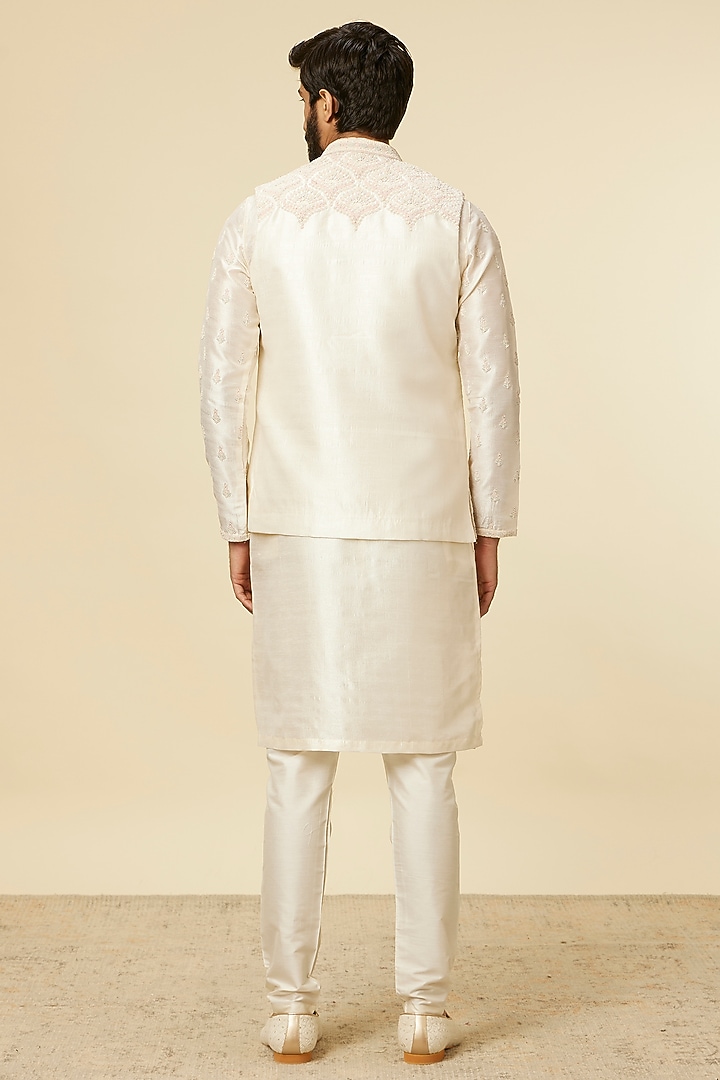 Warm White Art Silk Stone Work & Embroidered Bundi Jacket Set by Manyavar at Pernia's Pop Up Shop