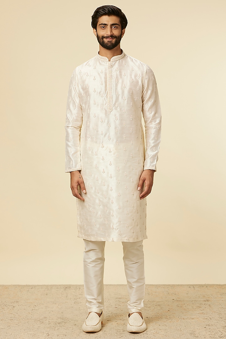 Warm White Art Silk Stone Work & Embroidered Bundi Jacket Set by Manyavar at Pernia's Pop Up Shop