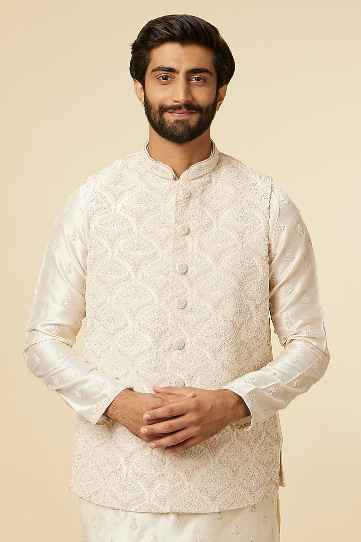 Warm White Art Silk Stone Work & Embroidered Bundi Jacket Set by Manyavar at Pernia's Pop Up Shop
