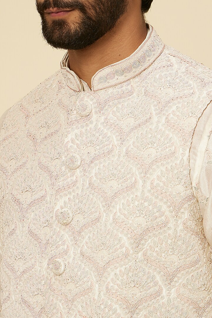 Warm White Art Silk Stone Work & Embroidered Bundi Jacket Set by Manyavar at Pernia's Pop Up Shop