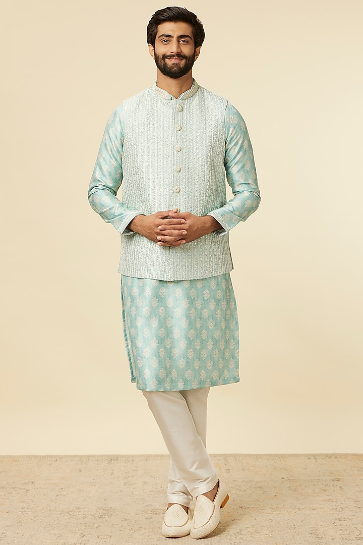 Aqua Green Art Silk Printed & Embroidered Bundi Jacket Set by Manyavar