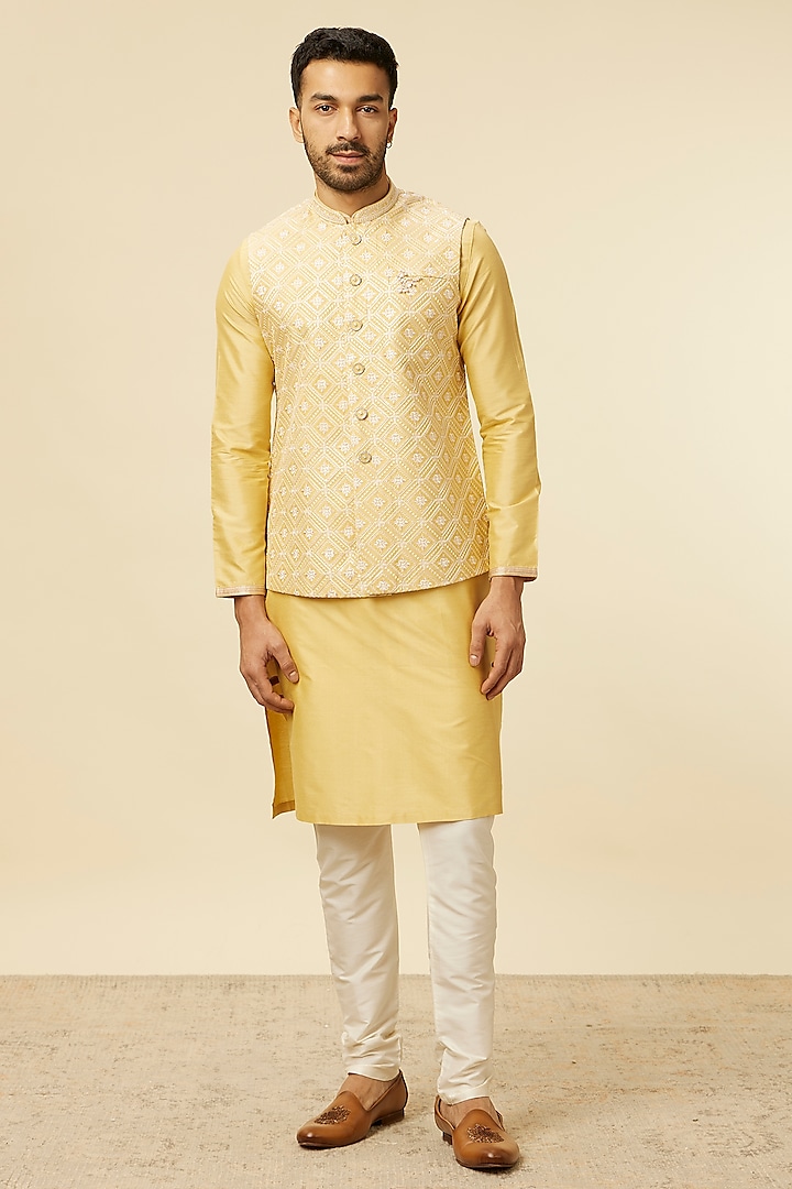 Yellow Blended Viscose Stone Work & Embroidered Bundi Jacket Set by Manyavar at Pernia's Pop Up Shop