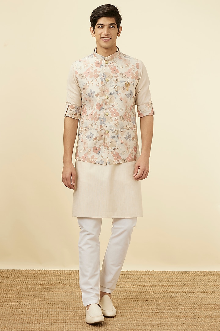 Biscuit Beige Blended Linen Printed Bundi Jacket Set by Manyavar