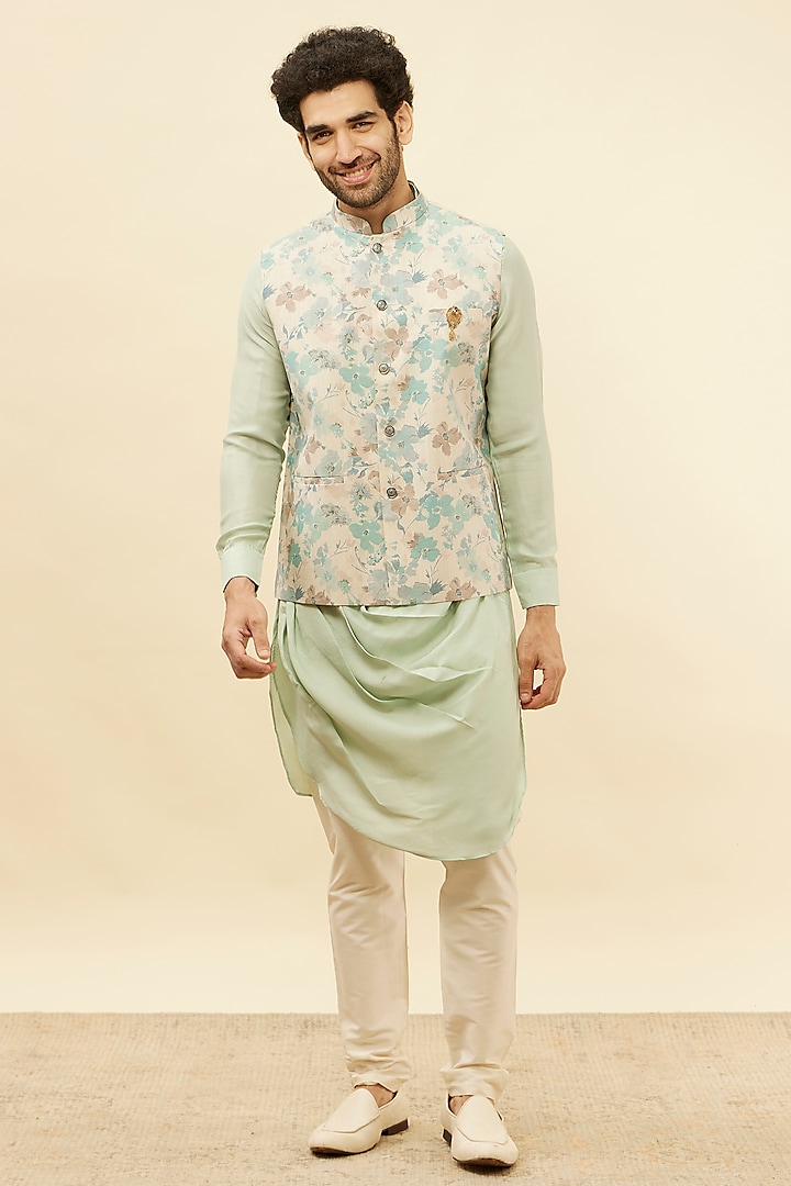 Light Beige Blended Linen Floral Printed Bundi Jacket Set by Manyavar