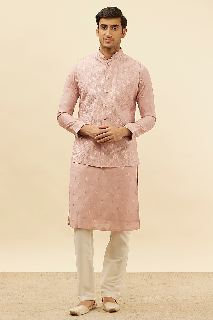 Pink Blended Viscose Floral Boota Bundi Jacket Set by Manyavar at Pernia's Pop Up Shop