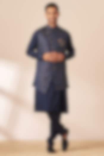 Sapphire Blue Brocade Cotton Bundi Jacket Set by Manyavar at Pernia's Pop Up Shop