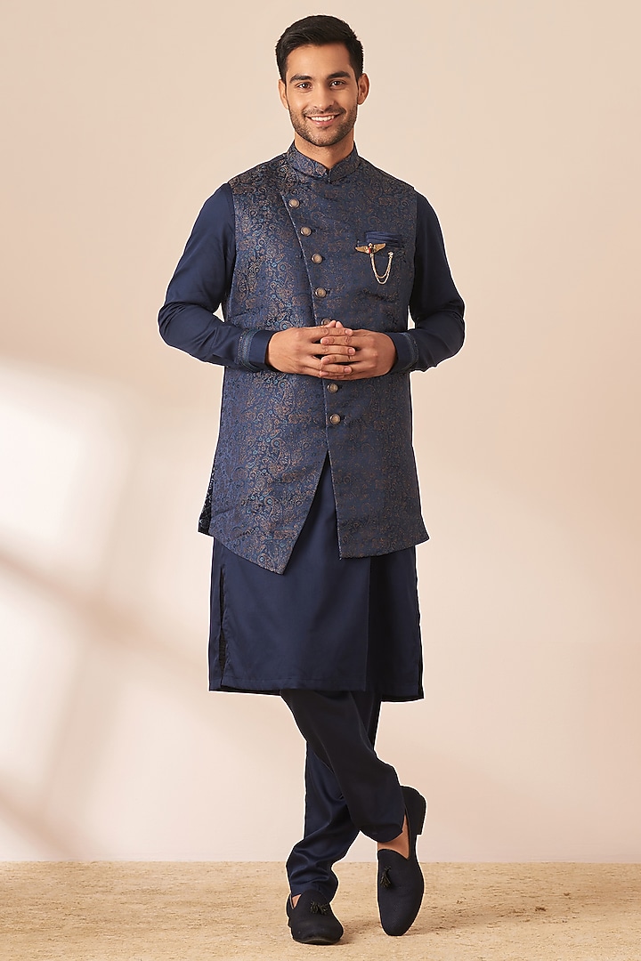 Sapphire Blue Brocade Cotton Bundi Jacket Set by Manyavar at Pernia's Pop Up Shop