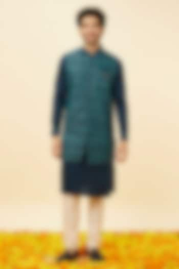 Teal Blue Blended Cotton Bundi Jacket Set by Manyavar at Pernia's Pop Up Shop