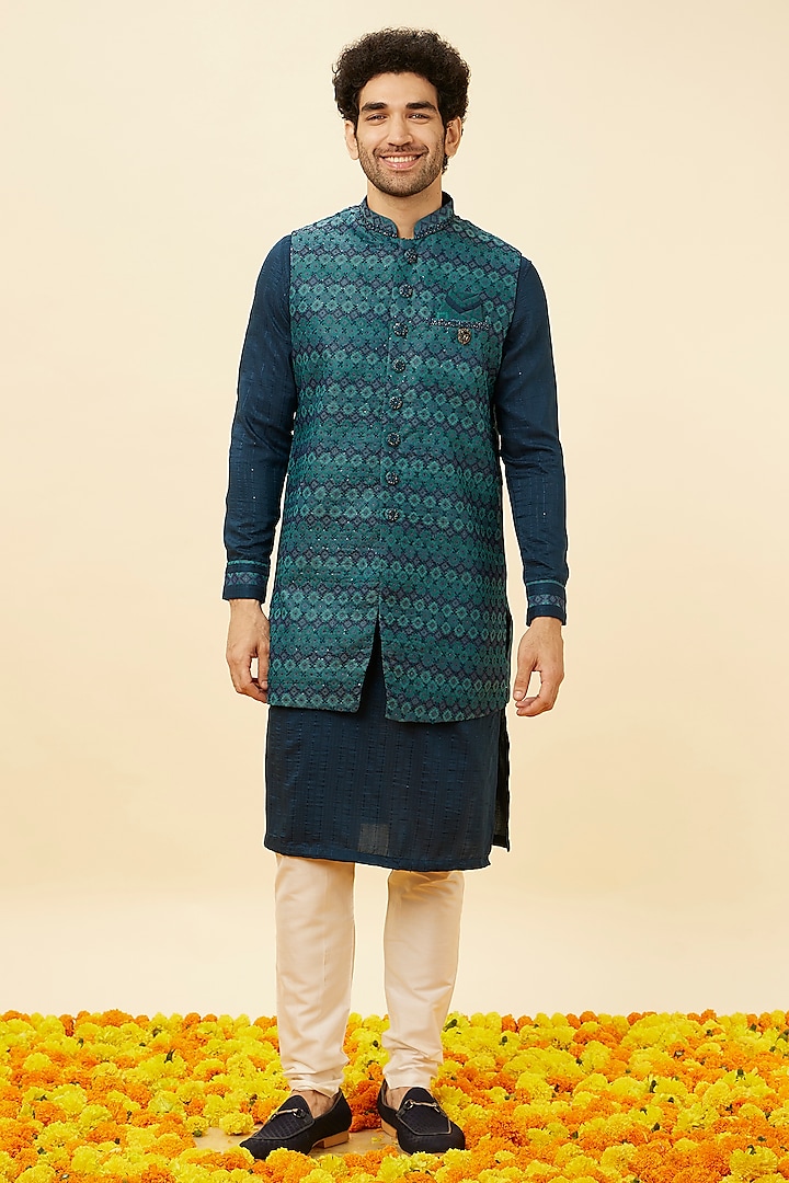 Teal Blue Blended Cotton Bundi Jacket Set by Manyavar at Pernia's Pop Up Shop