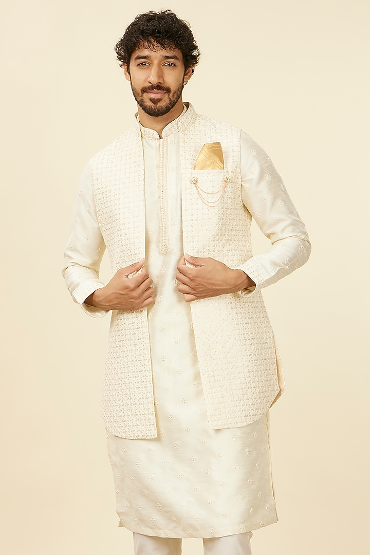 Cream Art Silk Sequins Work & Embroidered Bundi Jacket Set by Manyavar at Pernia's Pop Up Shop