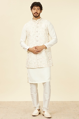 Warm White Satin Sequins Work & Embroidered Bundi Jacket Set by Manyavar
