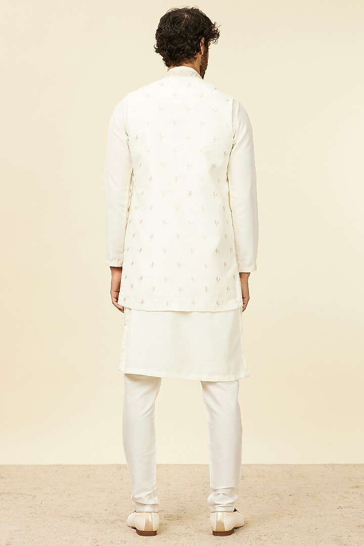 Warm White Satin Sequins Work & Embroidered Bundi Jacket Set by Manyavar at Pernia's Pop Up Shop