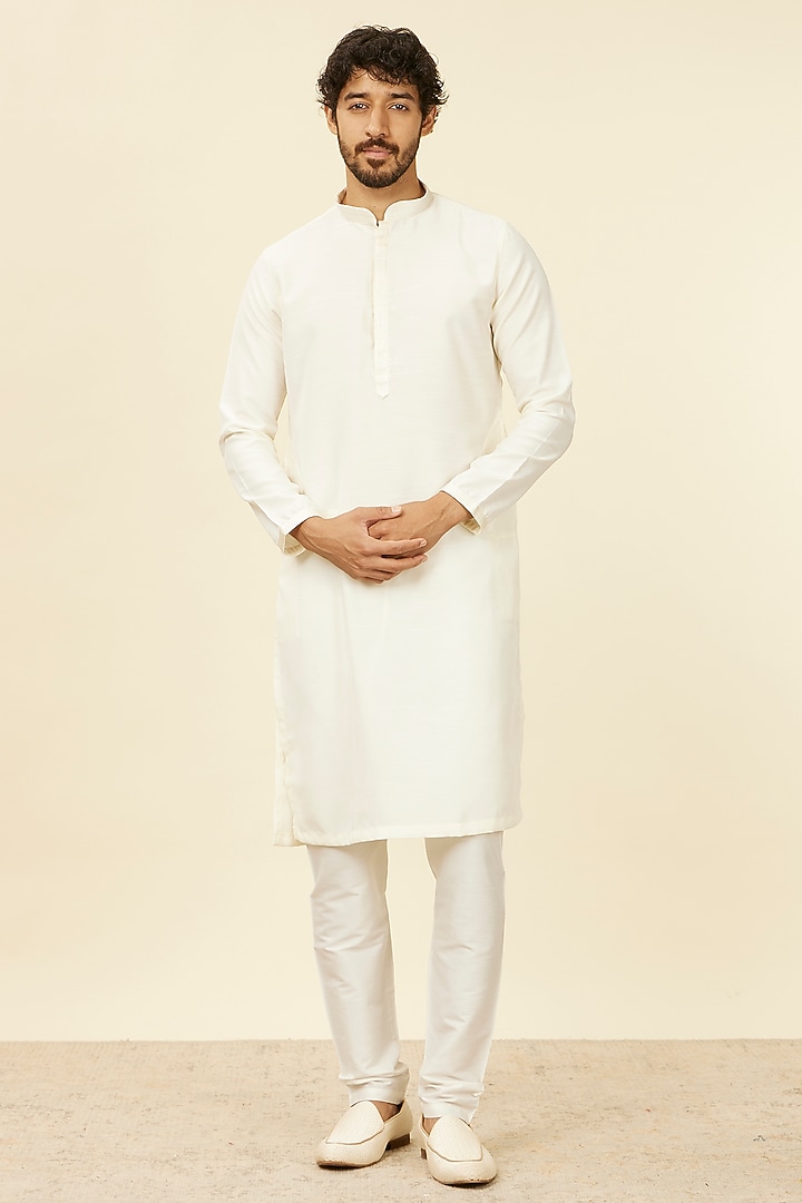Warm White Satin Sequins Work & Embroidered Bundi Jacket Set by Manyavar at Pernia's Pop Up Shop