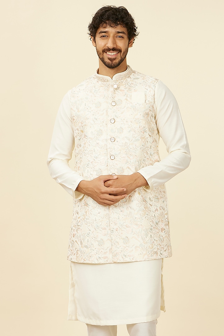 Warm White Satin Sequins Work & Embroidered Bundi Jacket Set by Manyavar at Pernia's Pop Up Shop