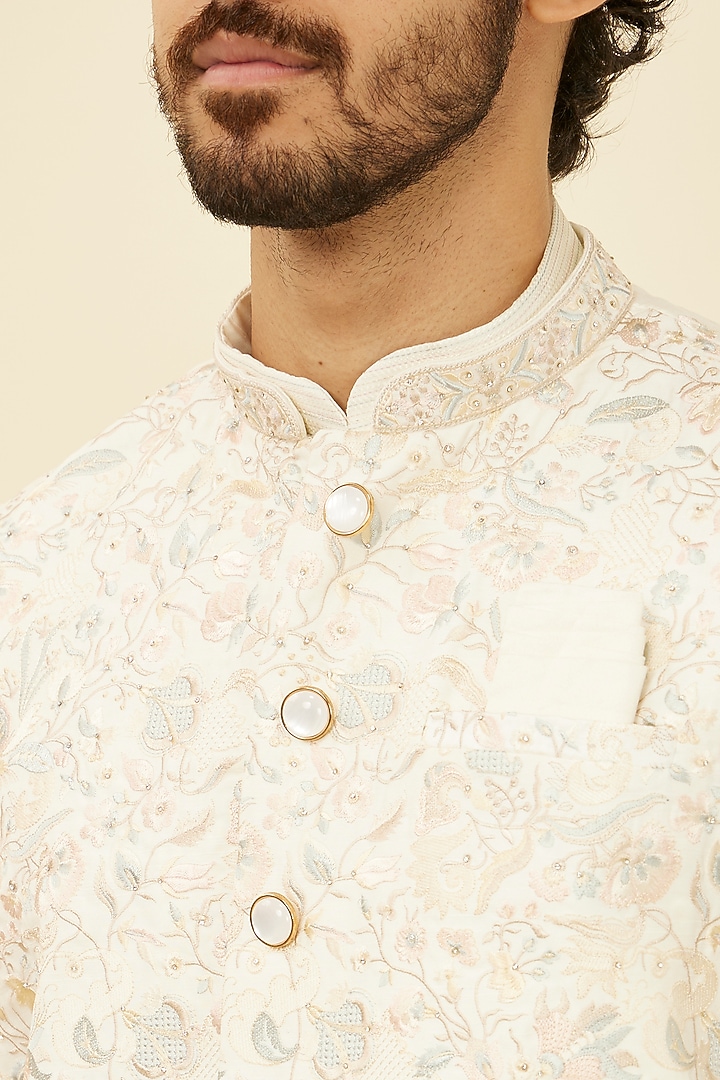 Warm White Satin Sequins Work & Embroidered Bundi Jacket Set by Manyavar at Pernia's Pop Up Shop