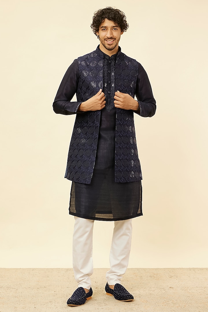 Blue Art Silk Bundi Jacket Set by Manyavar at Pernia's Pop Up Shop