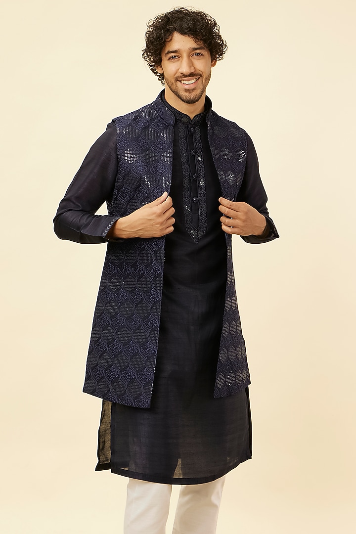 Blue Art Silk Bundi Jacket Set by Manyavar at Pernia's Pop Up Shop