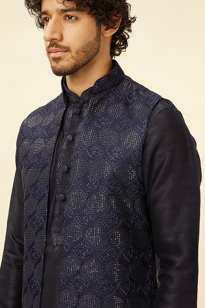 Blue Art Silk Bundi Jacket Set by Manyavar at Pernia's Pop Up Shop