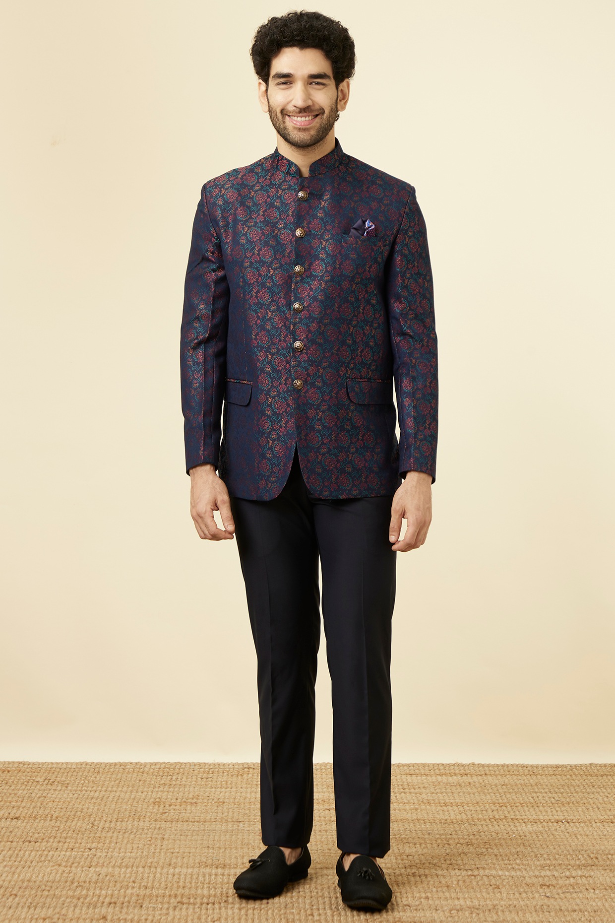 Midnight Blue Blended Rayon Floral Pattern Jodhpuri Set by Manyavar at Pernia s Pop Up Shop 2024