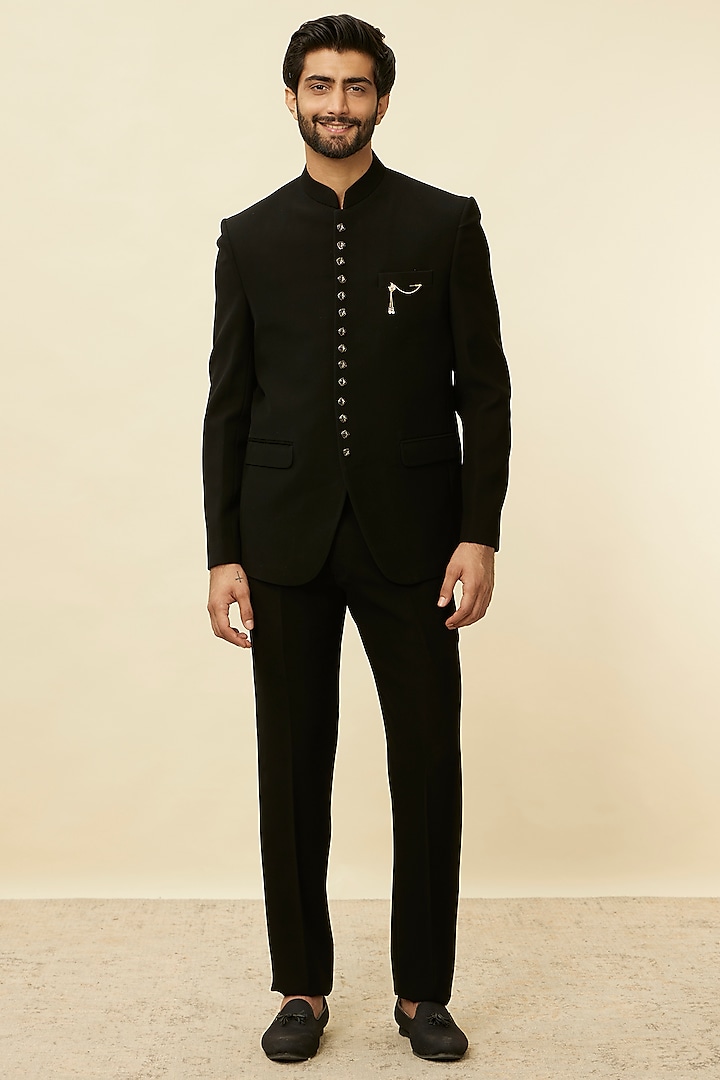 Black Blended Rayon Jodhpuri Set by Manyavar