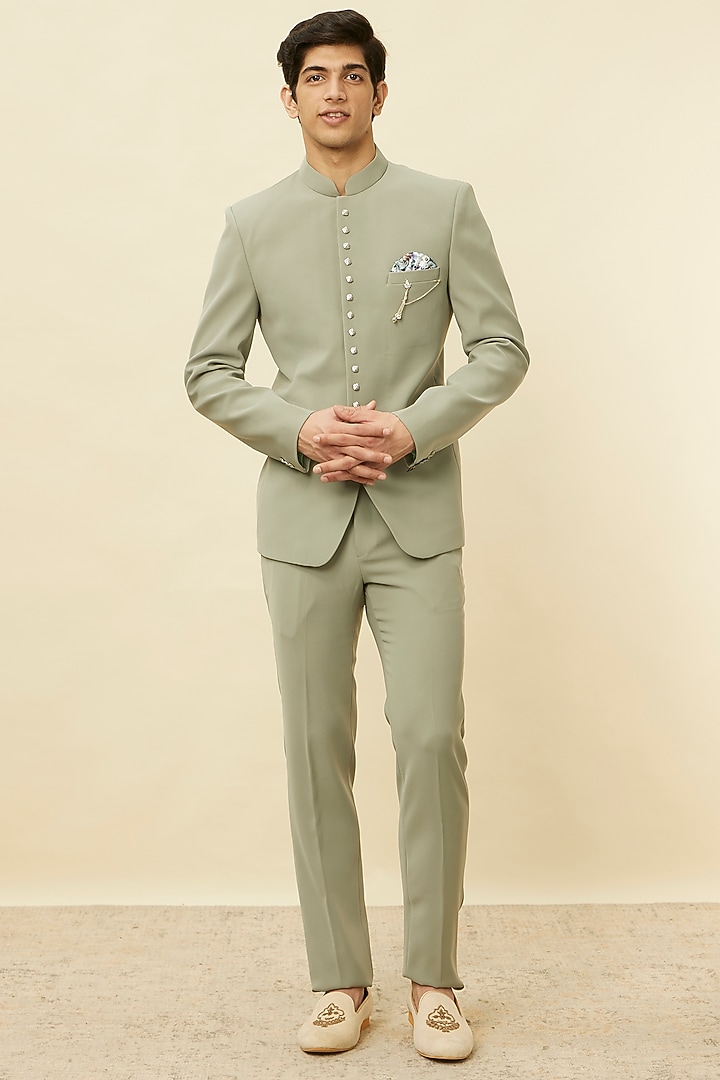 Pista Green Blended Rayon Jodhpuri Set by Manyavar