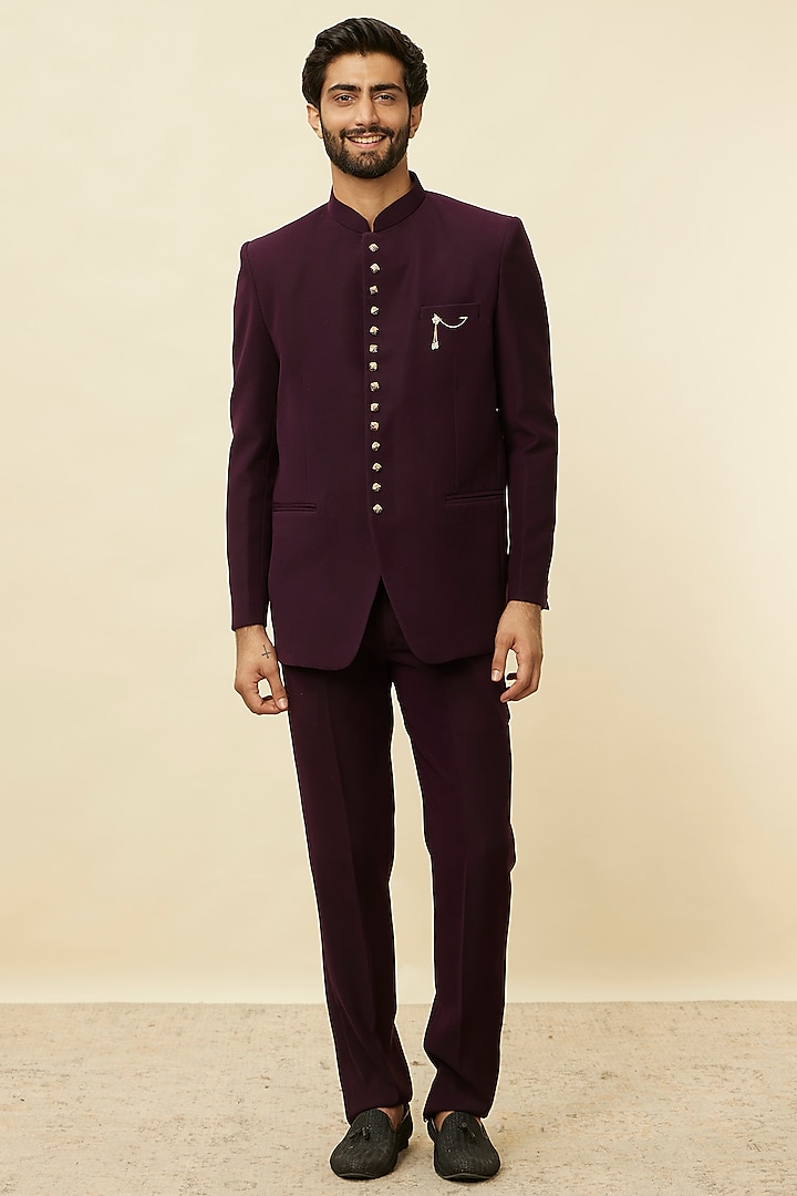 Purple Blended Rayon Jodhpuri Set by Manyavar