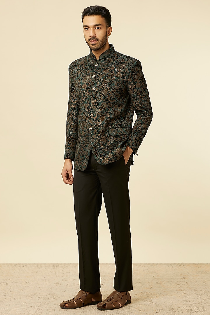 Green Velvet Foil Printed Jodhpuri Set by Manyavar