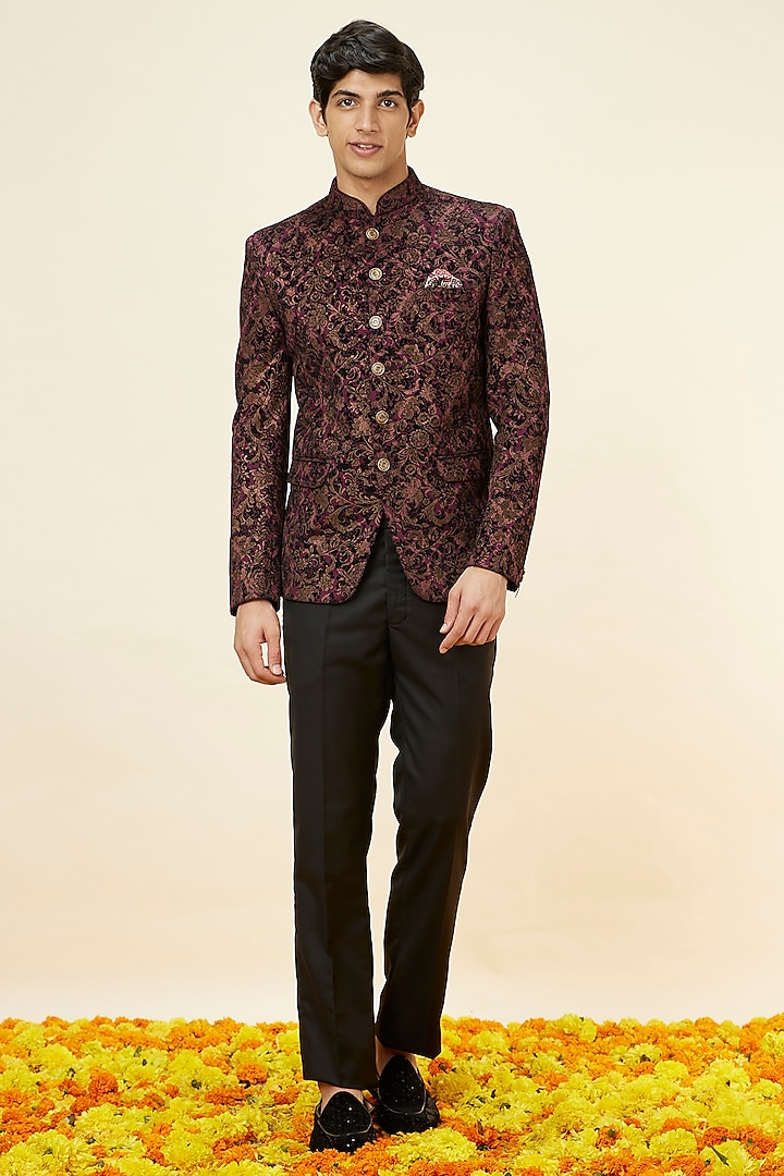 Wine Velvet Boota Printed Jodhpuri Set by Manyavar