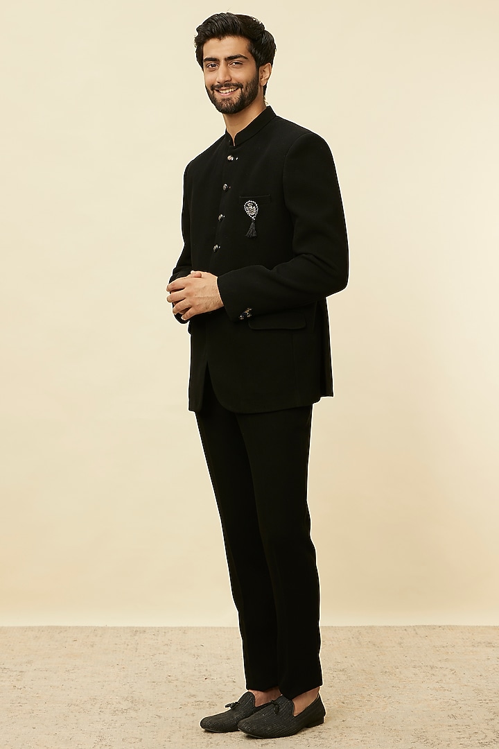 Black Blended Rayon Jodhpuri Set by Manyavar at Pernia's Pop Up Shop 2026