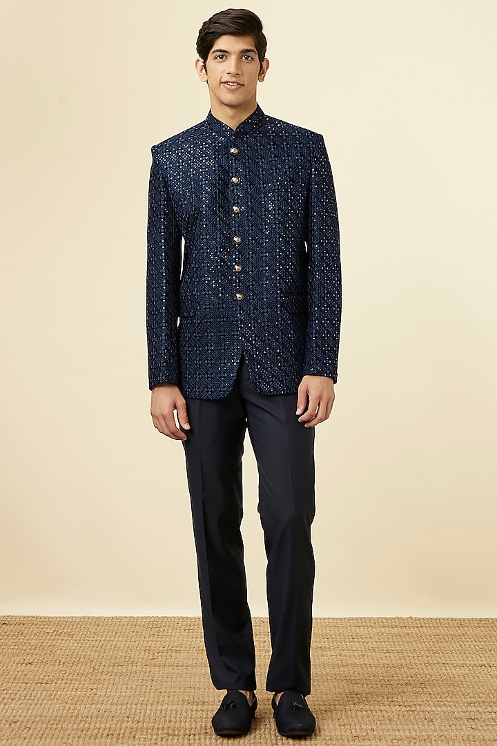 Blue Velvet Sequins Embellished Jodhpuri Set by Manyavar